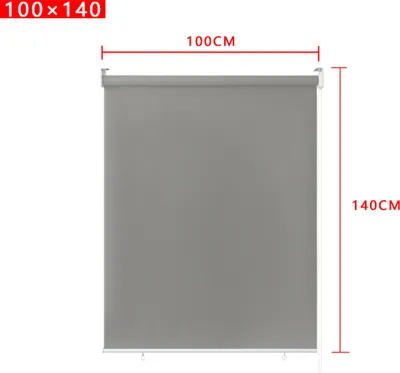 A gray roller blind with dimensions indicated by red lines and text.