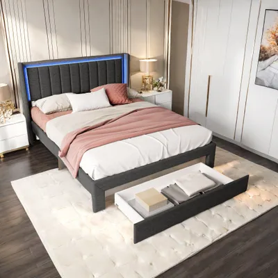 Image de Lit double - Structure de lit - Lit convertible - Lit avec rangement - Lit avec éclairage LED - 140 x 200 cm - Gris lin