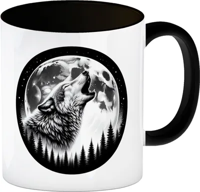 Produktbild von Heulender Wolf im Mondschein Kaffeebecher in schwarz