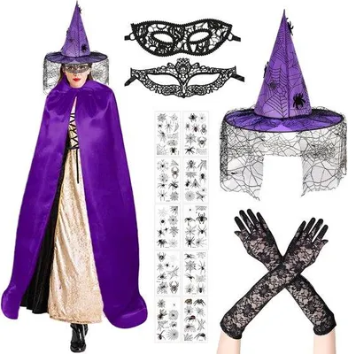 Productafbeelding van Heksenkostuum voor dames, volwassenen, met heksenhoed, heksencape, kanten heksenmasker en heksenhandschoenen voor Halloween