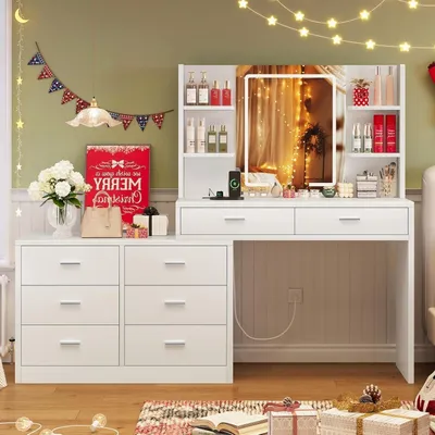 Image de Table de coiffage avec miroir - Table à maquillage - Rangement pour cosmétiques - Éclairage LED réglable - 100 cm - Blanc