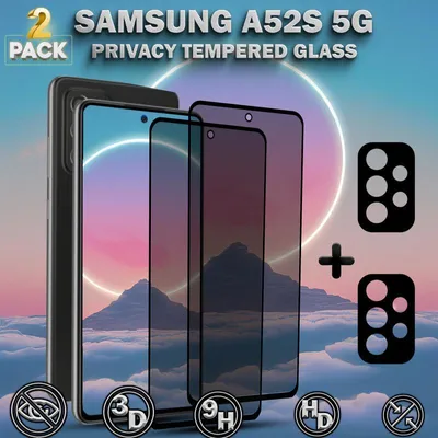 Produktbild von 2-Pack Samsung A52S 5G Displayschutzfolie Privacy & 2-Pack Kameraschutz - Gehärtetes Glas 9H - Super Qualität 3D