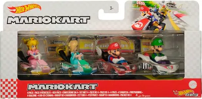 Produktbild von Hot Wheels Mario Kart -Fahrzeuge im 4er-Pack mit 1 exklusiven Sammlermodell, Fahrzeug-Set, 3 Jahr(e), Kunststoff, Metall, Mehrfarbig