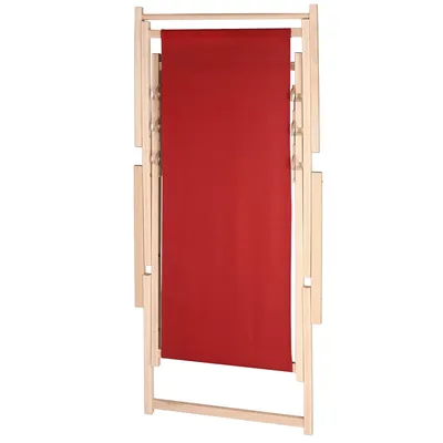 A folded red deck chair made of wood.