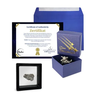 Produktbild von Makai Campo del Cielo Meteorit Sternschnuppe Eisenmeteorit 15 Gramm mit Schweberahmen Echtheitszertifikat Schachtel zum Verschenken und Ausstellen