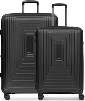 Two black suitcases of different sizes are shown side-by-side against a white background.