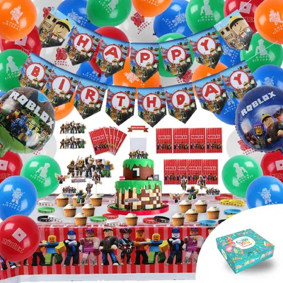 Produktbild von Roblox Game Geburtstagsdeko - Roboter Blox Ballons - Kinderparty - Dekoration - Ballon - Tischdecke - Mitgebsel - 97-teiliges Set