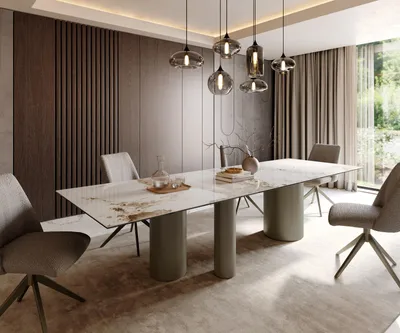 Produktbild von DELIFE Esstisch Edge 300x100 Keramik Minas Melange Weiß-Beige Troa Metall Effektfinish Titan