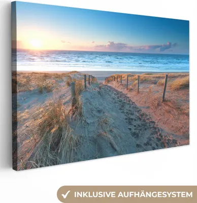 Produktbild von MuchoWow® - Leinwandbilder - Strand - Meer - Sonne - Düne, Wandbild, Wanddeko Bilder Wohnzimmer, 120x80cm