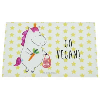 Produktbild von Mr. & Mrs. Panda Glas Schneidbrett Einhorn Vegan - Weiß - Geschenk, Veganer, Gesund essen, Schneidplatte, Hackbrett, Veganismus, Unicorn, Schneidebrett Aus, Leben