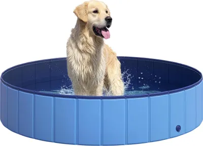 Produktbild von Hundebadewanne faltbar Badewanne Hundepool Plantschbecken Swimmingpool Wasserbecken für Hunde und Katzen Schwimmbecken Kunststoff+Holz Blau Ø140 x H30 cm