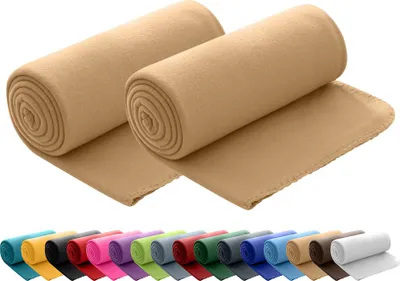 Two rolled up beige fleece blankets are shown, with a row of various colored rolled blankets below.