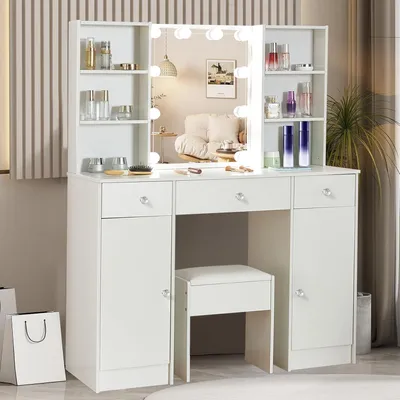 Productafbeelding van Make-uptafel met verlichting en krukje, 100x40x140 cm, wit, MDF