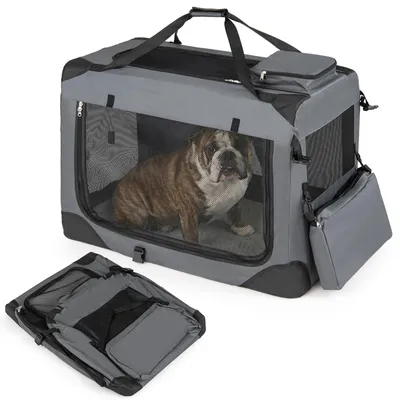 Produktbild von COSTWAY Hundebox faltbar 83,5x58x58cm,Transporttasche mit Netzfenstern 3 Türen abnehmbarem Polster Tragegriffen&2 Taschen,tragbare Hundetransportbox