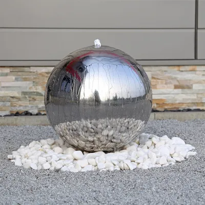 Produktbild von CLGarden Edelstahl Springbrunnen ESB5 poliert mit 48cm großer Edelstahlkugel Kugel Brunnen für Garten mit LED Beleuchtung