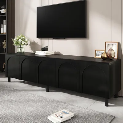 Produktbild von okwish moderner TV-Lowboard mit 5 Türen, TV-Schrank mit Stauraum, Bogentür-Design,Metallfüße, Wohnzimmerschrank in Schwarz