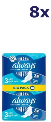 Produktbild von 8x Always Ultra Sanitary Damenbinden Day & Night mit Flügeln, 18 Stück