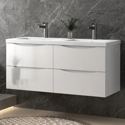 Produktbild von Badezimmerschrank Mineralguss Waschtisch mit Unterschrank Hochglanzweiß 120x44.5x52cm Badmöbel Set mit Soft-Close