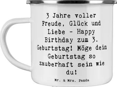 Produktbild von Mr. & Mrs. Panda becher emaille Spruch 3. Geburtstag Freude - Weiß - Geschenk, Geburtstagsfeier, Glück, Tasse, Haferl, Pott, handgefertigt, Teetasse, Happy Birthday