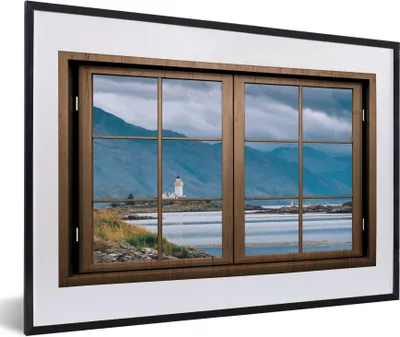 Produktbild von MuchoWow® MuchoWow® Gerahmtes Poster Aussicht - Wasser - Leuchtturm 60x40 cm - Poster mit zchwarzem Bilderrahmen - Schlafzimmer - Plakat in Rahmen - Drucken