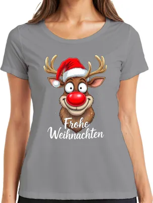 Produktbild von Frohe Weihnachten Lustiges Rentier Rudolf Weihnachtsmütze Cartoon Damen T-Shirt, Grau, M