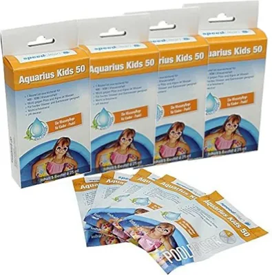 Four boxes of Aquarius Kids 50 water treatment for children's pools, with some individual packets in the foreground.