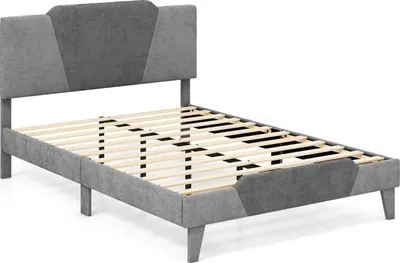 Immagine prodotto di Letto imbottito - Letto matrimoniale 140x200 cm - Rete a doghe inclusa - Testiera - Struttura in legno imbottita - Letto a piattaforma - Senza contenitore - Grigio chiaro