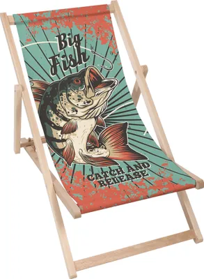 A deck chair with a graphic design of a fish and fishing-related text.