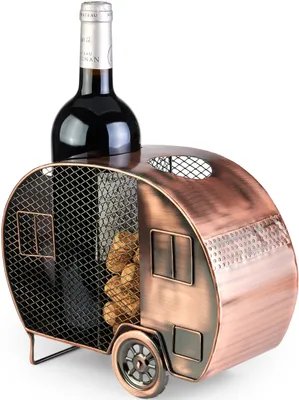 Zdjęcie produktu dla BRUBAKER uchwyt na butelkę wina do przyczepy kempingowej - metalowy uchwyt na butelkę z korkiem - prezent dla wczasowiczów z kartą podarunkową - kolor miedziany