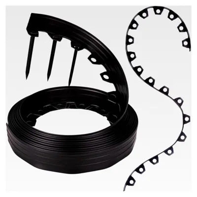 Produktbild von Flexible Rasenkante aus Kunststoff - Wetterbeständige Rasenabgrenzung für Beete - Schwarz, 10 m, 20 Erdanker, 6 cm Höhe für Gärten und Mähroboter