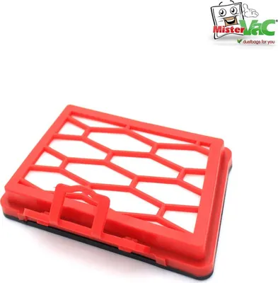 A close-up product shot of a red vacuum cleaner filter on a white background.