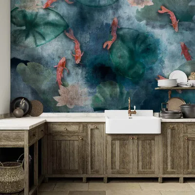 Produktbild von Vlies Fototapete - Pond -  composition with fish in a lake and plants 350x245 cm Blumen g-A-0351-a-a