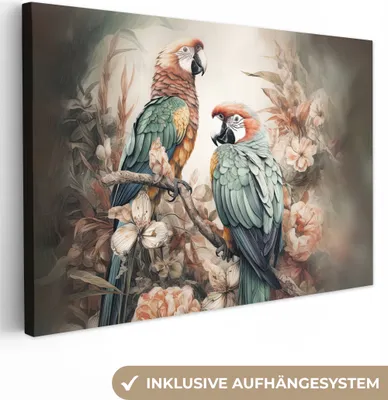 Produktbild von MuchoWow® - Leinwandbilder - Papageien - Vögel - Natur - Blumen, Wandbild, Wanddeko Bilder Wohnzimmer, 120x80 cm