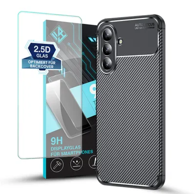 Produktbild von Handy Hülle für Samsung Galaxy A56 5G mit 9H Displayglas Displayschutz Carbon Look Cover Case Schutzhülle Farbe: Schwarz
