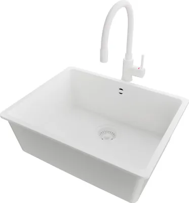 Produktbild von PRIMAGRAN Granitspüle Alles Weiß 56x44cm, Spülbecken 1 Becken + Küchenarmatur 38x14cm + Ablauf-Set, Küchenspüle ab 60er Unterschrank - Venedig Slim Easy