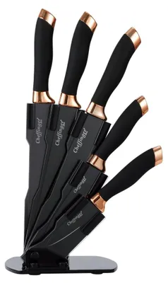 Image de set de 6 couteaux Couteau de cuisine Support de couteau rotatif Bloc de couteaux Noir-Or