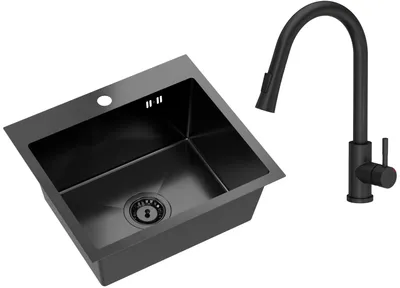 Produktbild von VBChome Edelstahlspüle mit Armatur 50 x 45 cm Schwarz Edelstahl Einbauspüle mit Hahnloch Edelstahl Küchenspüle Spüle Groß Becken Ablaufgarnitur Siphon Edelstahlspüle Schwarz mit Armatur
