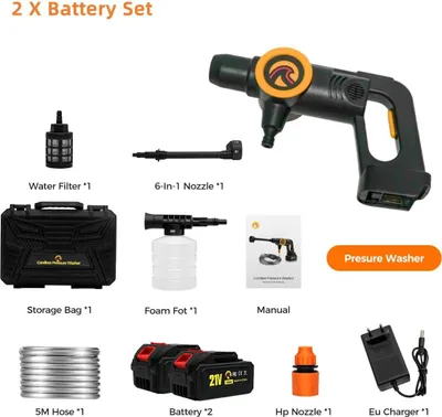 Image de Sans fil Nettoyeur haute pression - pistolet de lavage - 3000 W - 200 Bar - 21 V sans balais - buse 6 en 1 - 3 vitesses - 2x batteries 4,0 Ah - Braun