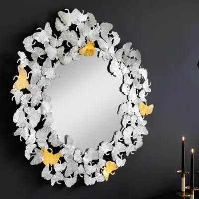 Produktbild von riess-ambiente Dekorativer Wandspiegel GINKGO LEAFS XL 90cm gold silber rund aus Metall Dekoration Spiegel