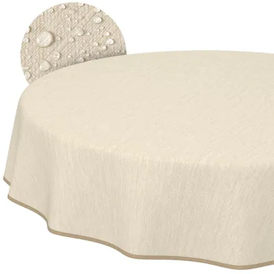 Produktbild von ANRO Tischdecke Wachstuch Haus- & Gartentischdecke Leinenoptik Creme Rund 120 cm mit Saum