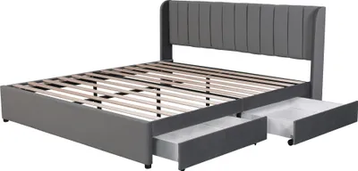 Produktbild von okwish Polsterbett 180 x 200 cm Doppelbett Bettgestell Samt mit 2 Schubladen,Lattenrost und Rückenlehne Jugendbett Grau