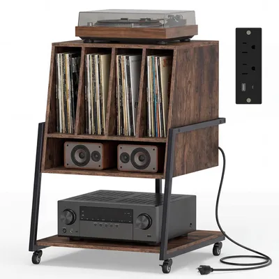 Produktbild von KOMFOTTEU Plattenspielerschrank mit verstellbaren Rädern/Beinen, Plattenspieler mit Ladestation, Vinyl-Plattenständer mit Albumtrennungen (Braun, mit Ladestation)