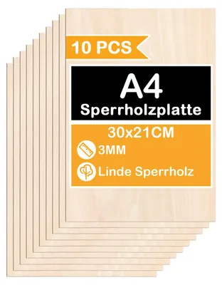 Obrázek produktu pro Aopunly 20 x A4 dřevěný list | 300 x 210 x 3 mm | Tenké překližkové polotovary | Ideální list pro fretwork, pyrografii, laserové řezání, ažurové řezání, CNC frézování