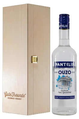 Produktbild von Pantelis Ouzo mit Geschenk-Holzkiste