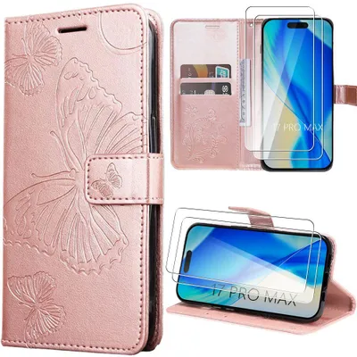 Image de Coque + 2 Verres Trempés pour iPhone 17 Pro Max, Protection Anti-Rayures Synthécuir Motif Papillon Rose