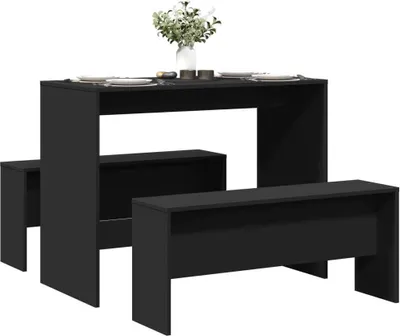 Produktbild von 3-tlg. Esstisch und Bank Set Schwarz Holzwerkstoff, Esszimmer 2024 Neu DesignMöbel