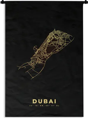 Produktbild von MuchoWow® Wandteppich Wandbehang Dubai - Stadtplan - Schwarz und Gold 60x90 cm Tapisserie Dekoration Wandtuch - Foto-Teppich - Abwaschbar