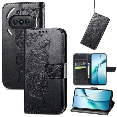 Immagine prodotto di Per Nothing Phone 3a Custodia a portafoglio in Pelle finta Custodia per cellulare Custodia con design a farfalla Custodie Nero