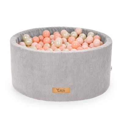 Produktbild von Bällebad für Babys & Kleinkinder 90x40 – personalisiertes Schaumstoff-Bällebad mit 200 Bällen Ø7 cm – grauer Cord-Schaumstoff, pfirsichfarbene Bälle