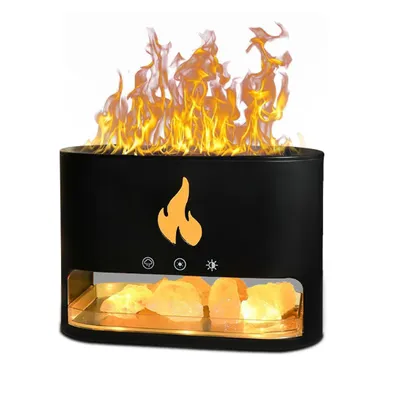A black aroma diffuser with a flame effect and glowing rocks inside, set against a white background.
